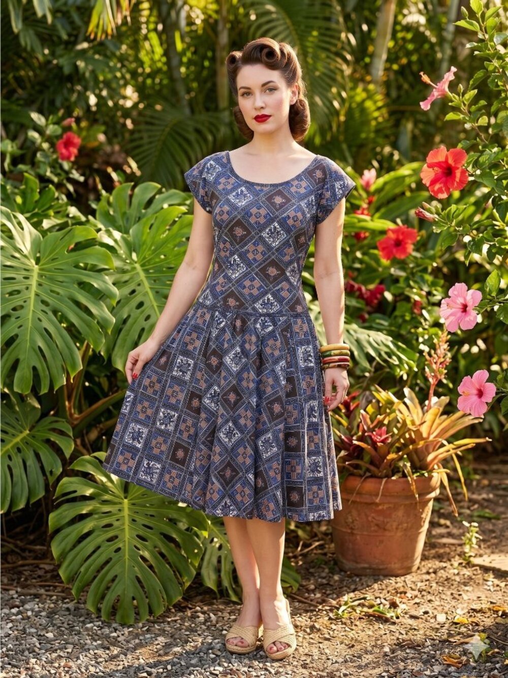 Vintage 50s Rockabilly Dress Blue Geometric Batik Print Handmade Cotton Sun Tiki